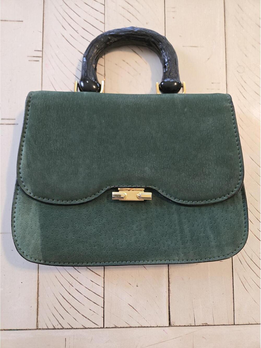 Vintage Mark Cross Green Leather Handbag Made in Italy Lucite Handle Top Handle